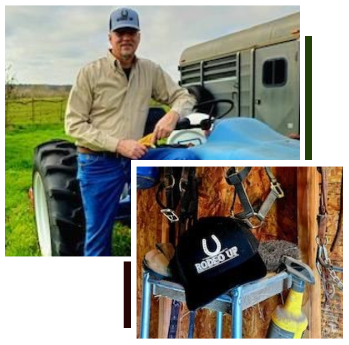 A man standing on top of a tractor next to a horse.